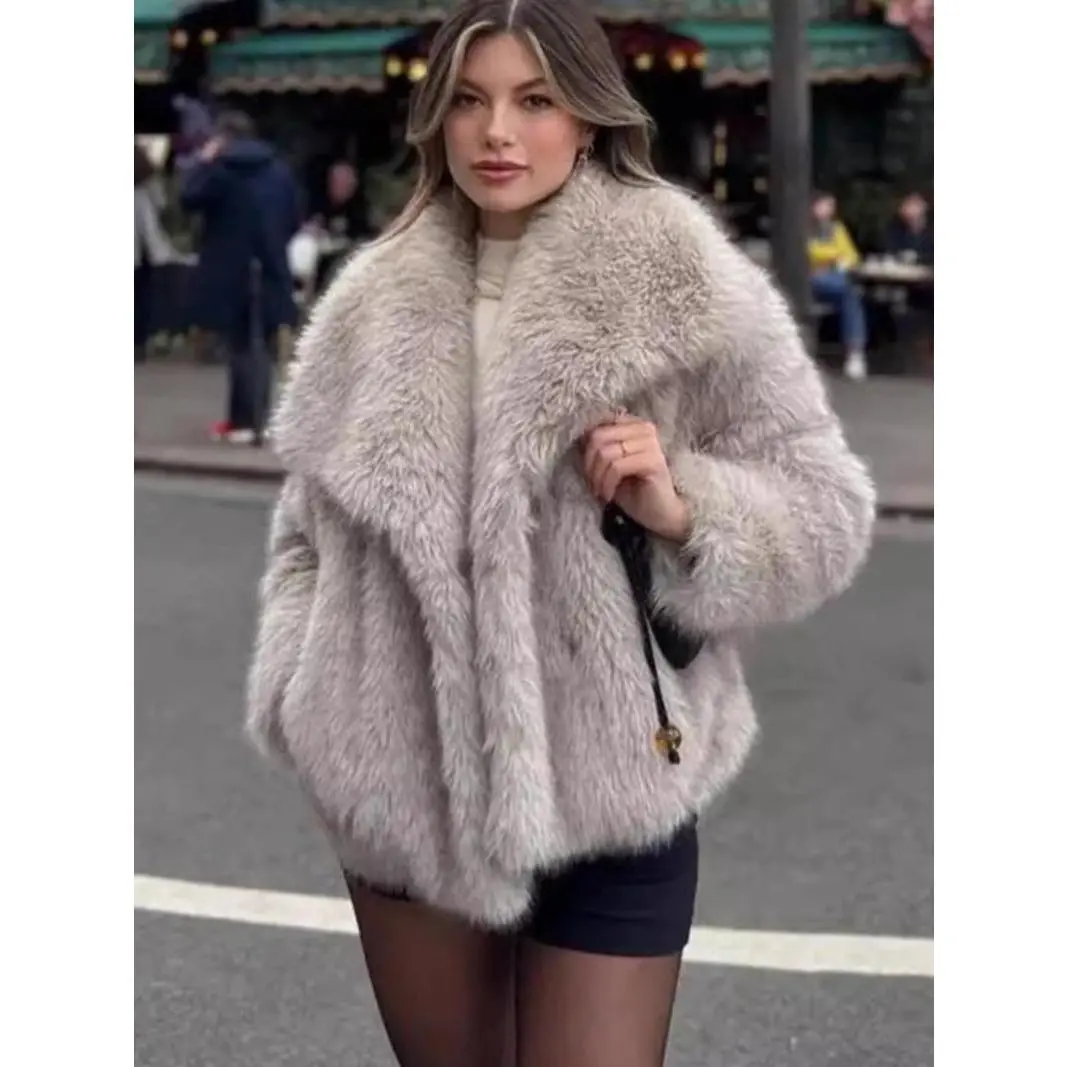 Women's Solid Color Faux Fur Fuzzy Jacket, Casual Long Sleeve Collared Fuzzy Coat for Fall & Winter, Women's Clothing for Daily Wear