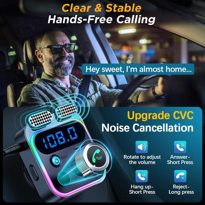 FM Transmitter for Car,Bluetooth 5.3 [Stronger Dual Mics & HiFi Deep Bass Sound] , 48W PD&QC3.0 Bluetooth Car Adapter, Hands-Free Calling, Larger LED, AUX Output & U Disk 7