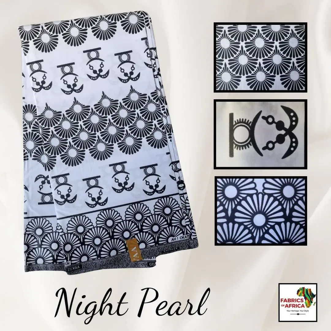 African Ankara Wax Print Fabric Black & White 6 Yards Polycotton - Night Pearl