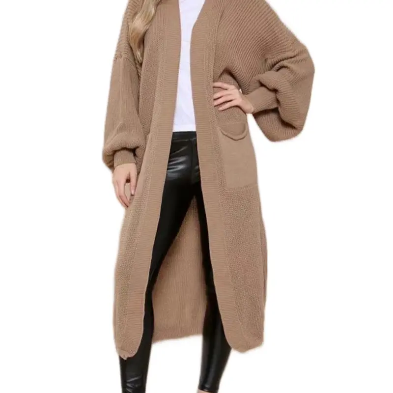 Long Ladies Balloon Sleeve Cardigan Oversized Pocket Chunky Weave Knitted Ribbed Jumper Comfort Knitwear 7