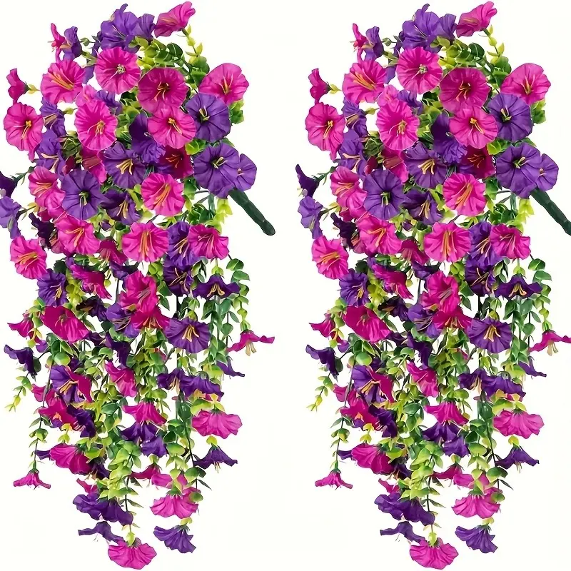 2 Bunches of Mixed Color Artificial Hanging Flowers – Morning Glories & Eucalyptus Leaves, UV Resistant, Realistic Decor for Garden, Patio, Window, Home & Office, Ideal for Thanksgiving, Easter, St. Patrick's Day & Mother's Day (No Pot)