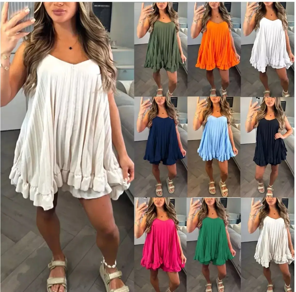 Women's Ladies Pleated Frill Strappy Cami Blouse Top & Shorts Two Piece Co ord Set Fabric Sleeveless