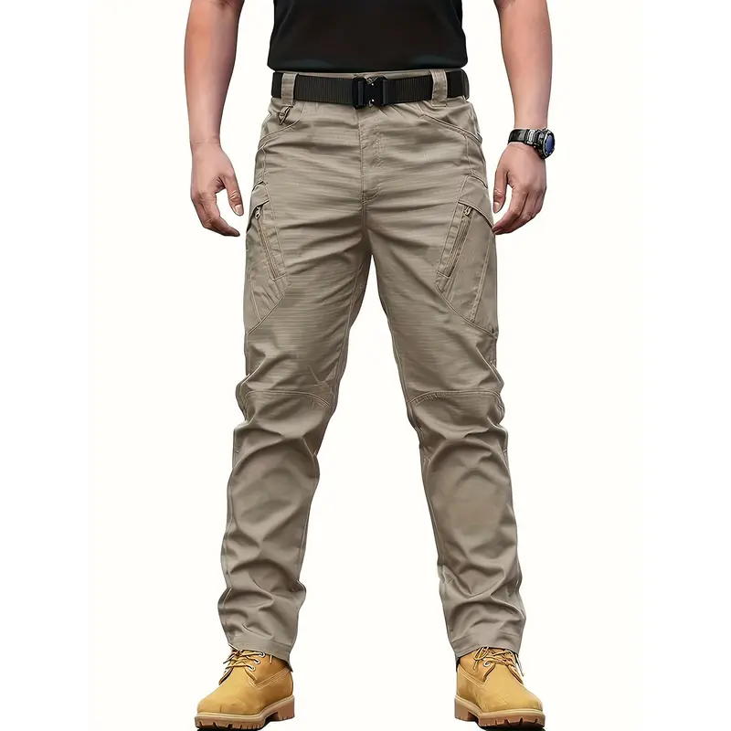 Multi Pocket Men's Tactical Pants, Loose Casual Outdoor Military Pants Without Belt, Mens Cargo Pants For Hiking Menswear Trouser Beige Plain Yellow 5