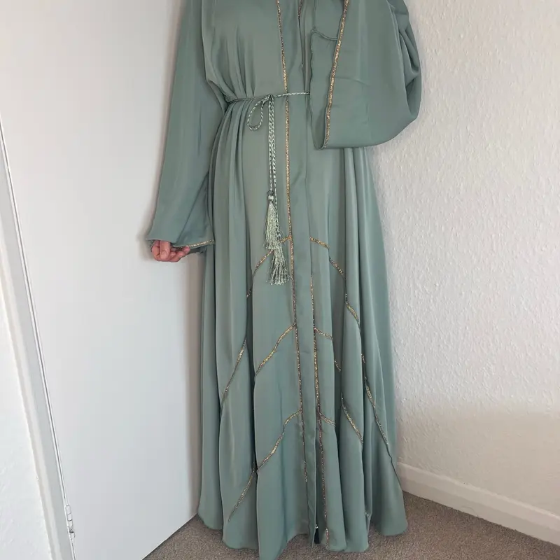 Ameerah Sage Green Abaya with Silver Diamanté Work party wear occasion Eid abayas classy 5
