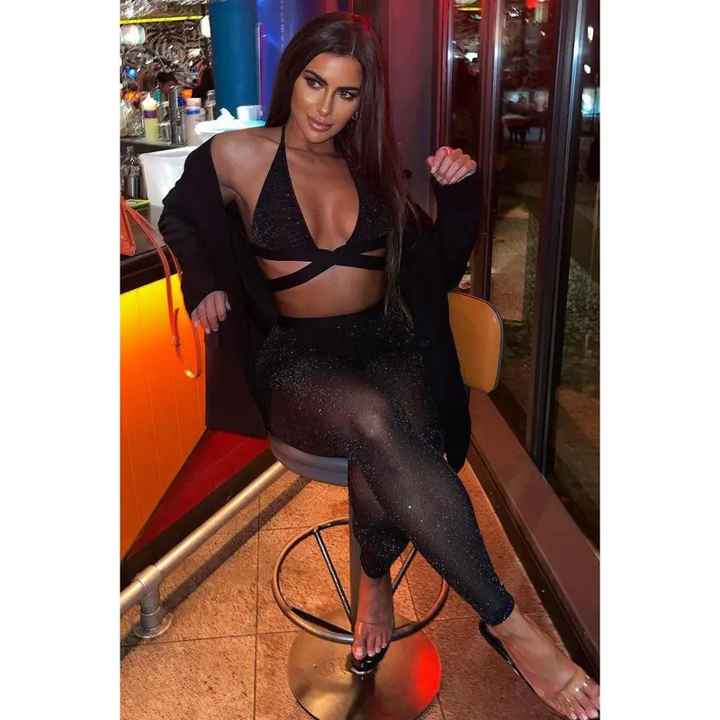Black Halter Neck Glitter Crop Top & Leggings Set - Skye 5