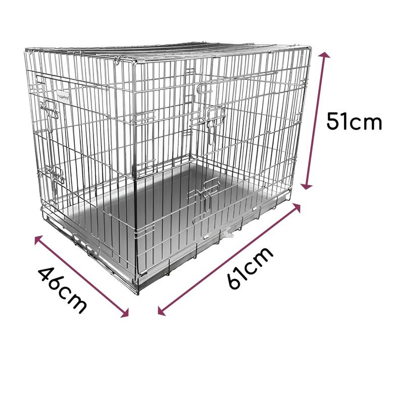 HugglePets Silver Metal Dog Puppy Cage Foldable Small 61cm Dual Door with Locks, Car Home and Travel Crate 1