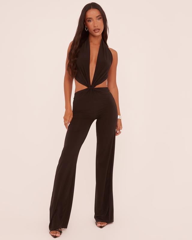 Plunge Knot Detail Flared Leg Jumpsuit 1