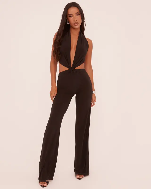 Plunge Knot Detail Flared Leg Jumpsuit 1