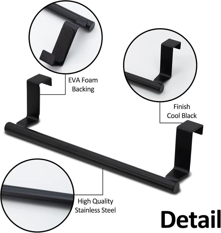 2pcs Over the Door Towel Rail, TACYKIBD Tea Towel Holder Hanger Storage, 23cm Dish Towel Holder for Hanging Over The Cupboard Drawer Cabinet Kitchen Bathroom Bar (Black) 2