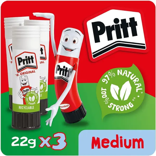 Pritt Glue Stick - Safe & Child-Friendly Craft Glue, Strong-Hold Adhesive for Arts & Crafts Activities, 22g (Pack of 3) - School & Office Supplies