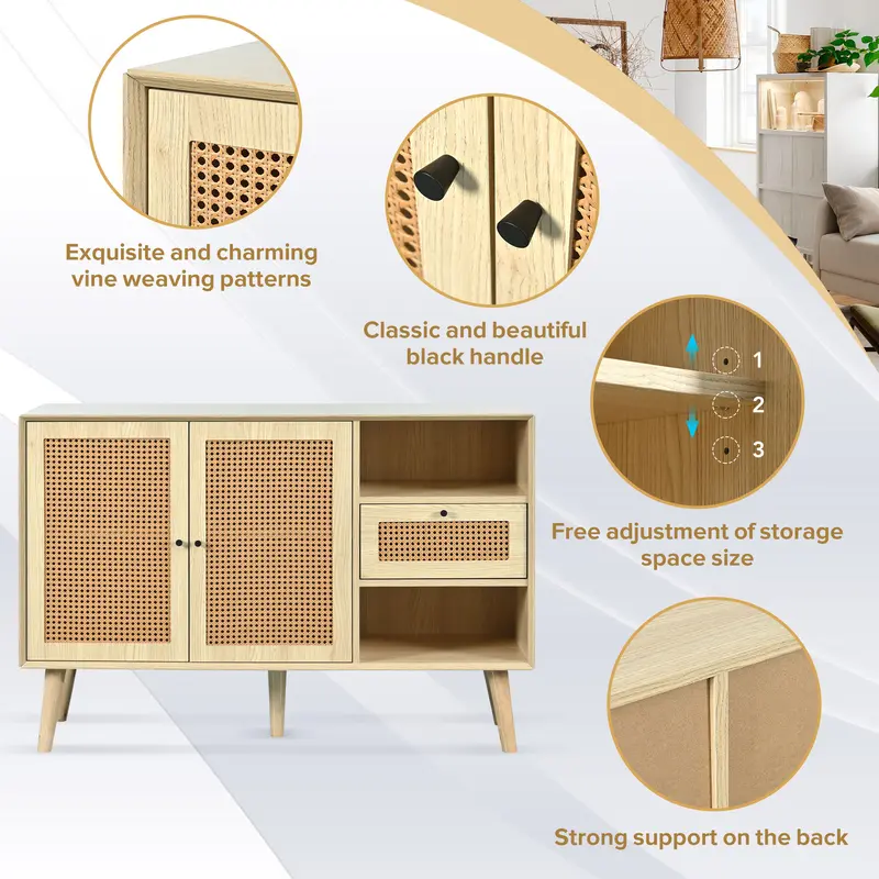 Modern simple sideboard 120*40*80cm, light-colored wooden woven door design, with drawers and unique legs, creating a warm and comfortable home atmosphere 6