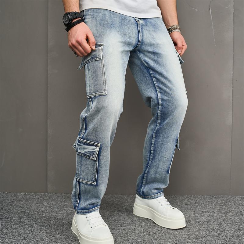 Product Introduction of Men Multiple pockets Cargo Jeans Stylish Streetwear Male Loose Carpenter Straight Casual Denim Pants 7