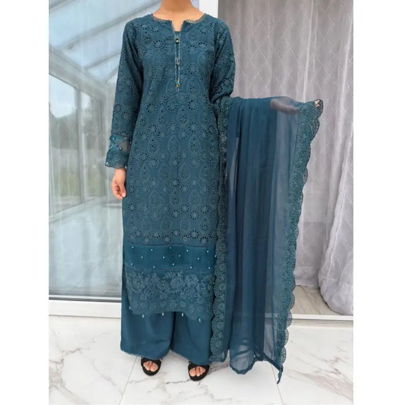 Embroidered Linen Chikan Kari kameez with embroidered chiffon dupatta and plazo/Farshi shalwar - Womenswear 4