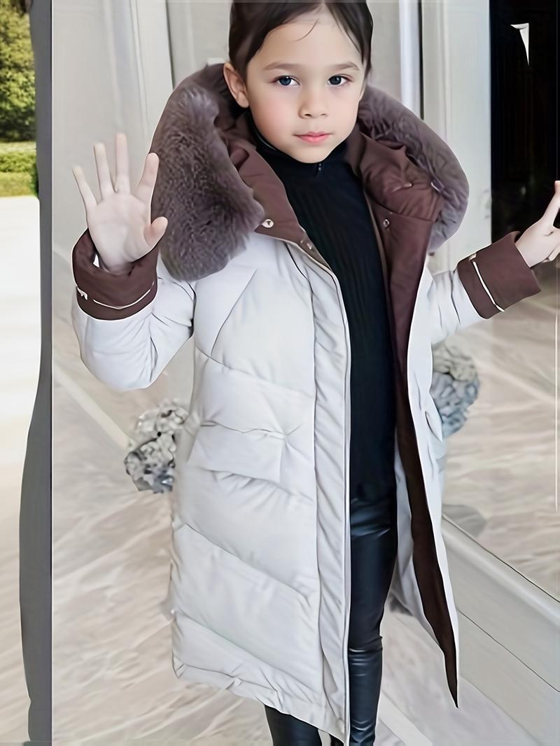 Product Introduction of Girls Trendy Furry Hooded Collar Long Polyester-Padded Jacket, Mid-length Kids Winter Clothes 2
