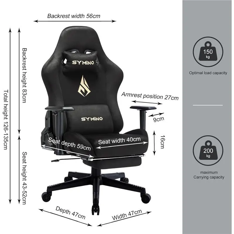 Gaming Chair, Computer Chair with Footrest, Headrest and Lumbar Support, Ergonomic PC Chair, Height Adjustable Rotating Task Chairs, Black 3