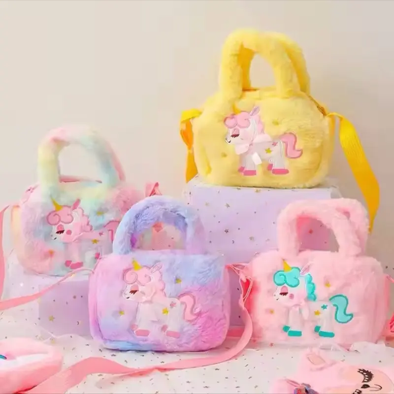 Kids Embroidery Unicorn Plush Toy Crossbody Purses Handbags Little Girls Rainbow Fluffy Purse Cute Cartoon Furry Shoulder Bag 0
