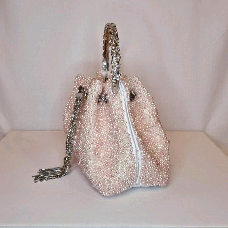 Ivory Pink Pearl Luxury Bon Bon Crystal Diamond Top Handle Tassel Chain Embellished Evening Clutch Bag for Women odourless elegant fashion bags 7