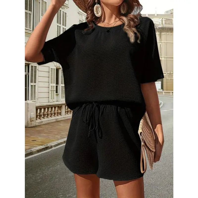 Two-piece Set Women's Plain Waffle Round Neck Oversized T Shirt & Shorts Set, Classy Two Piece Sets, Casual Batwing Sleeve Tops That Hide Stomach & Drawstring Waist Shorts, Two Piece Set, Two Piece Set Women Clothes Womenswear 2