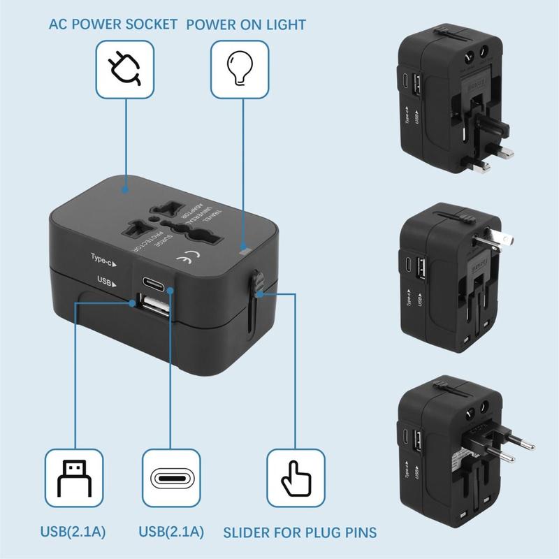 Universal Travel Adapter With USB & Type-C Ports -    US, UK, EU and AU  Fast, Safe and Compact Charger for International Travel Durable Device perfect for charging Tablet, Cellphone, Mobile and More Plug Portable Electronic Socket Protection 6