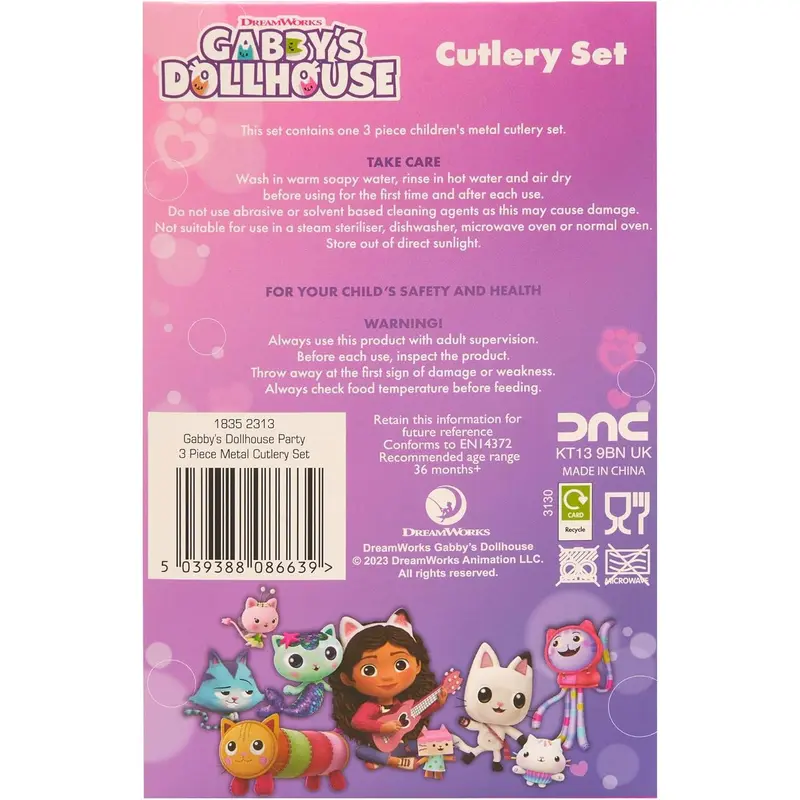 Gabby's Dollhouse 3 Piece Cutlery Set – Metal, Reusable, Fork & Spoon, Kids-Size, Made from Food-Safe Stainless Steel & ABS Plastic – Gabby. Mercat, Pandy Paws – for 12 Months & Up Lightweight Tableware Knife 3