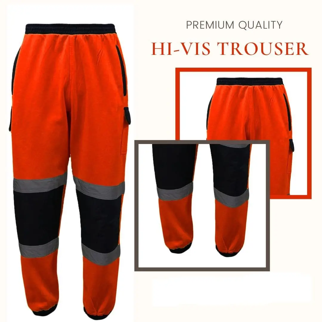 New Mens Hi Vis Viz Jogging Bottoms Safety Sweat Pants Hi Vis Work Fleece Trousers High Visibility Combat Workwear Joggers, Orange Yellow Navy Black, 5XL