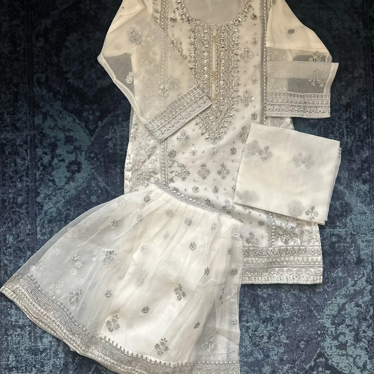 Biz Zahra Organza 3 pcs sharara embroidered White Eid party collection womenswear M to L Dress