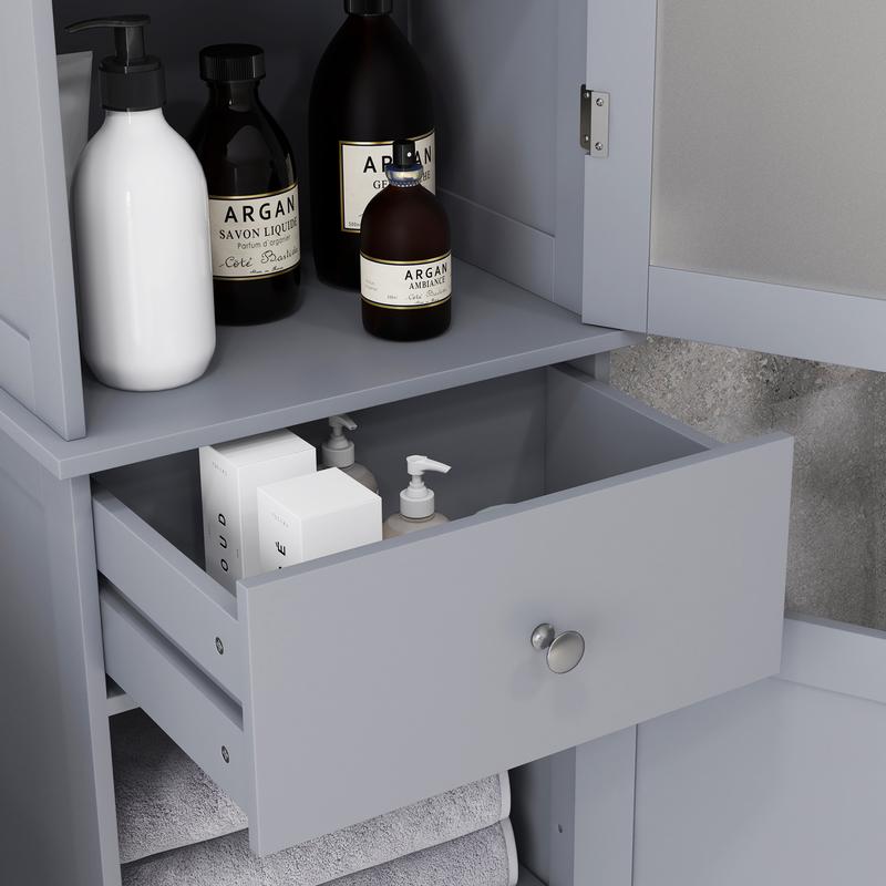 kleankin Bathroom Storage Cabinet with 3-tier Shelf Drawer Door, Floor Cabinet Free Standing Tall Slim Side Organizer Shelves, Grey 7