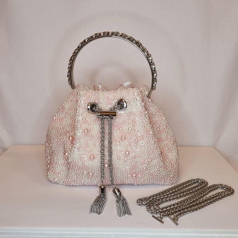 Product Introduction of Ivory Pink Pearl Luxury Bon Bon Crystal Diamond Top Handle Tassel Chain Embellished Evening Clutch Bag for Women odourless elegant fashion bags 8