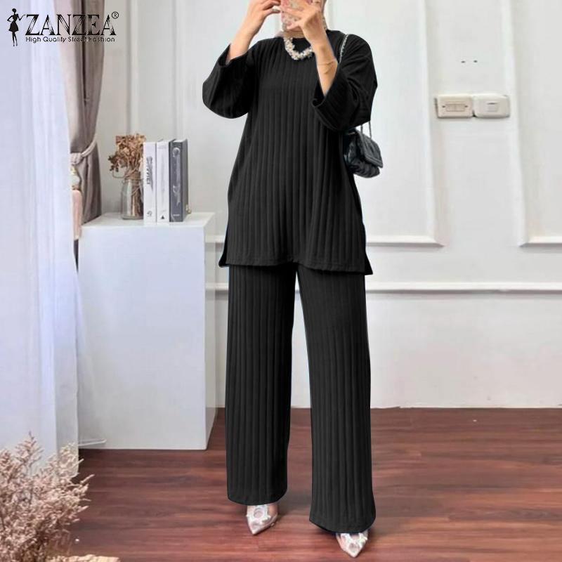 Product Introduction of Long Sleeve Blouse Wide Leg Pants Sets ZANZEA Women Matching Sets Solid Islamic Clothing Muslim Tracksuit Outifits 2PCS 14