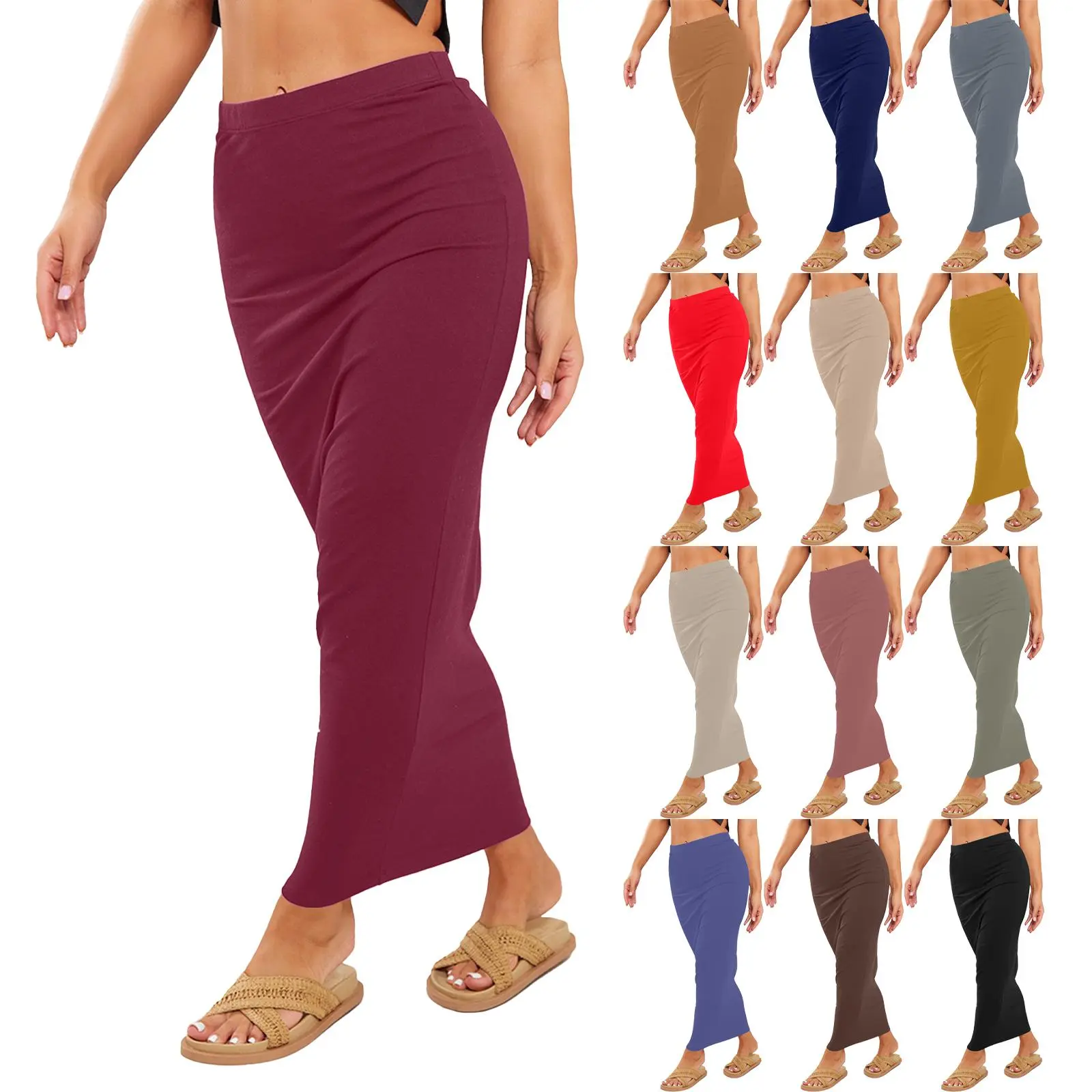 Womens High Waisted Plain Bodycon Tube Midaxi Pencil Skirt, Stretch Summer Fit