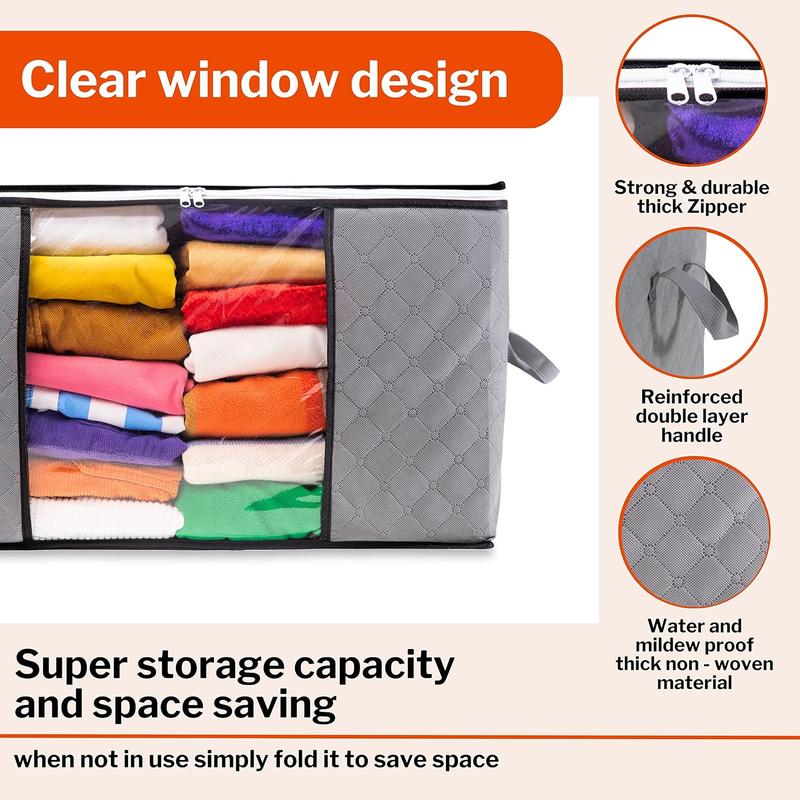 Product Introduction of Large Clothes Storage Bags – Sturdy Fabric Closet Organiser – Foldable Storage Solution for Closet or Underbed – Storage Bin with Reinforced Handles – 5pcs, Grey 90L Capacity 2