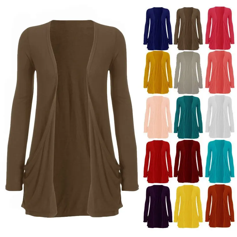 Women Long Sleeve Stretch Drop Pocket Cardigan Ladies Open Front Boyfriend Plain Cardigan Top Size UK (8-26) Basic Casual