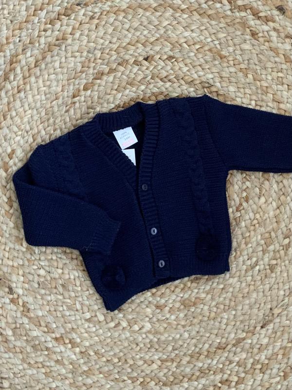 RILEY BABY BOYS CABLE KNIT POM POM CARDIGAN WHITE BEIGE NAVY BABY BLUE GREY 2