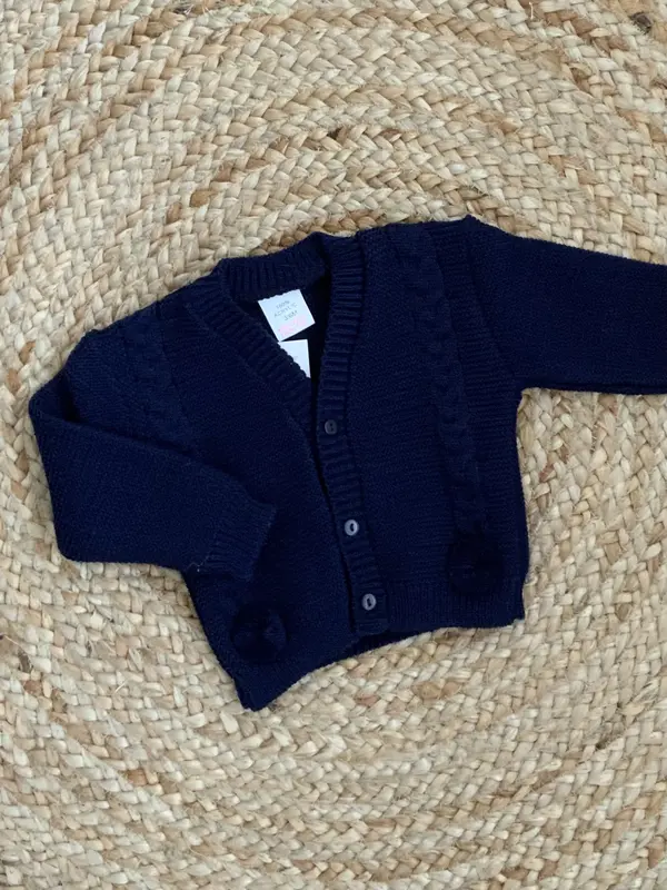 RILEY BABY BOYS CABLE KNIT POM POM CARDIGAN WHITE BEIGE NAVY BABY BLUE GREY 2