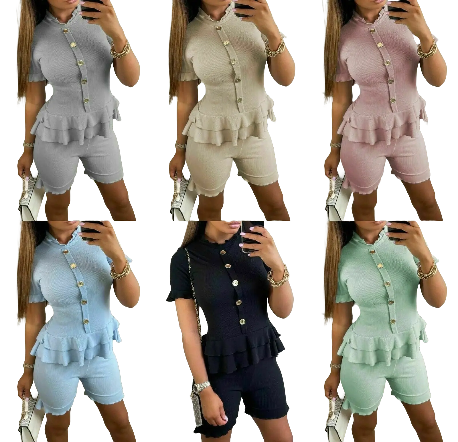 Womens Ladies Fine Ribbed Short Sleeve Frill Button Shorts Set Co ord Loungewear Casual Comfort Womenswear Casual Wear Comfortable Overalls Suits Underwear Clothing Lady Basic Minimalist Shortsleeve Grey
