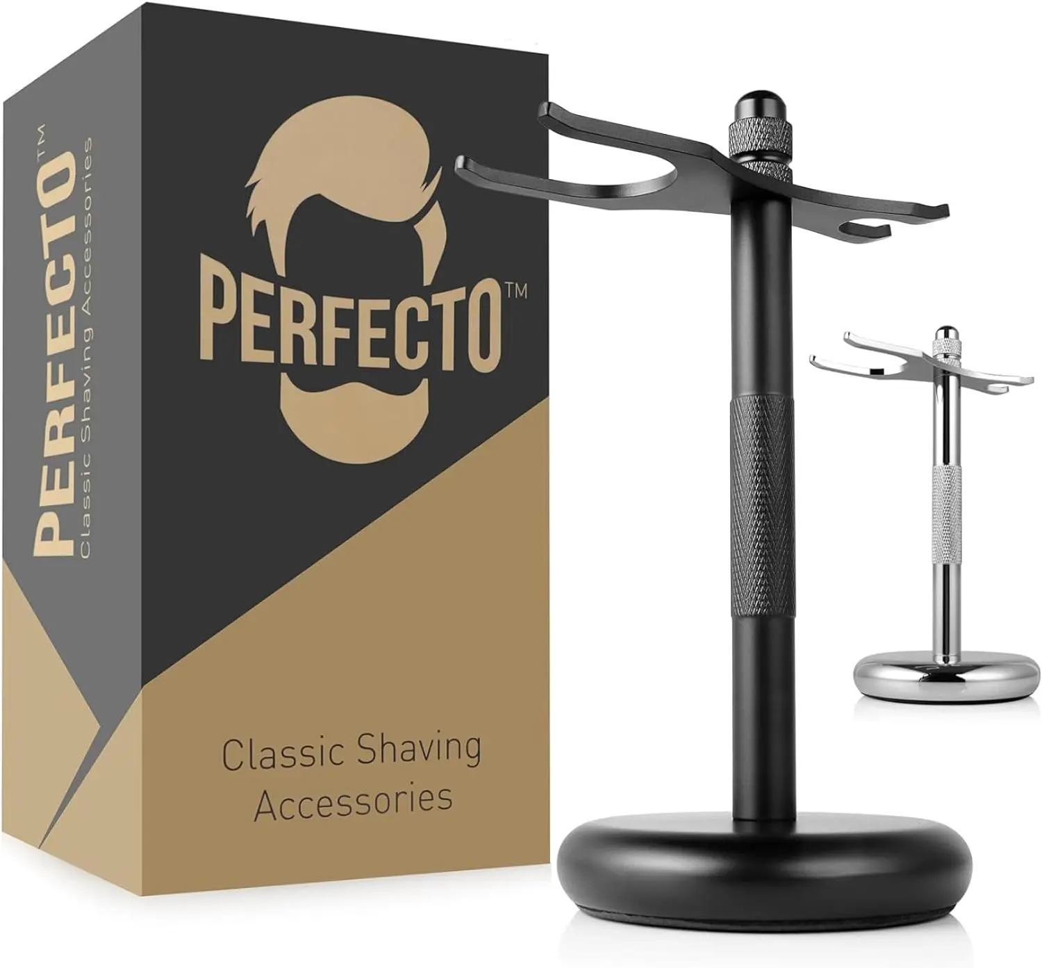 Perfecto Deluxe Black Razor and Brush Stand - The Best Safety Razor Stand. This Will Prolong The Life Of Your Shaving Brush, Gift For New Year, Gift For Dad, Christmas, Shaving Accessories - Black New Year Gift, Christmas Gifts Ideas