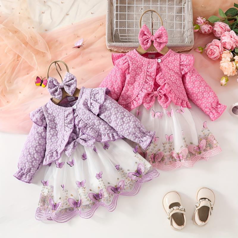 Product Introduction of 3pcs Fashion Casual Girl Butterfly Style Long Sleeve Ruffle Short Top + Sleeveless Mesh Butterfly Dress + Bow Hair Tie 0