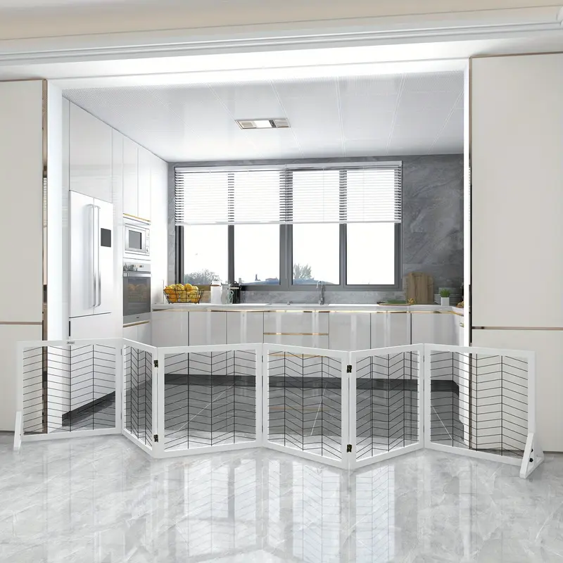 Freestanding Pet Gate, 6 Panels Dog Playpen, Foldable Dog Barrier with 2 Pcs Support Feet, for House, Doorway, Stairs, Small and Medium Dogs - White 1