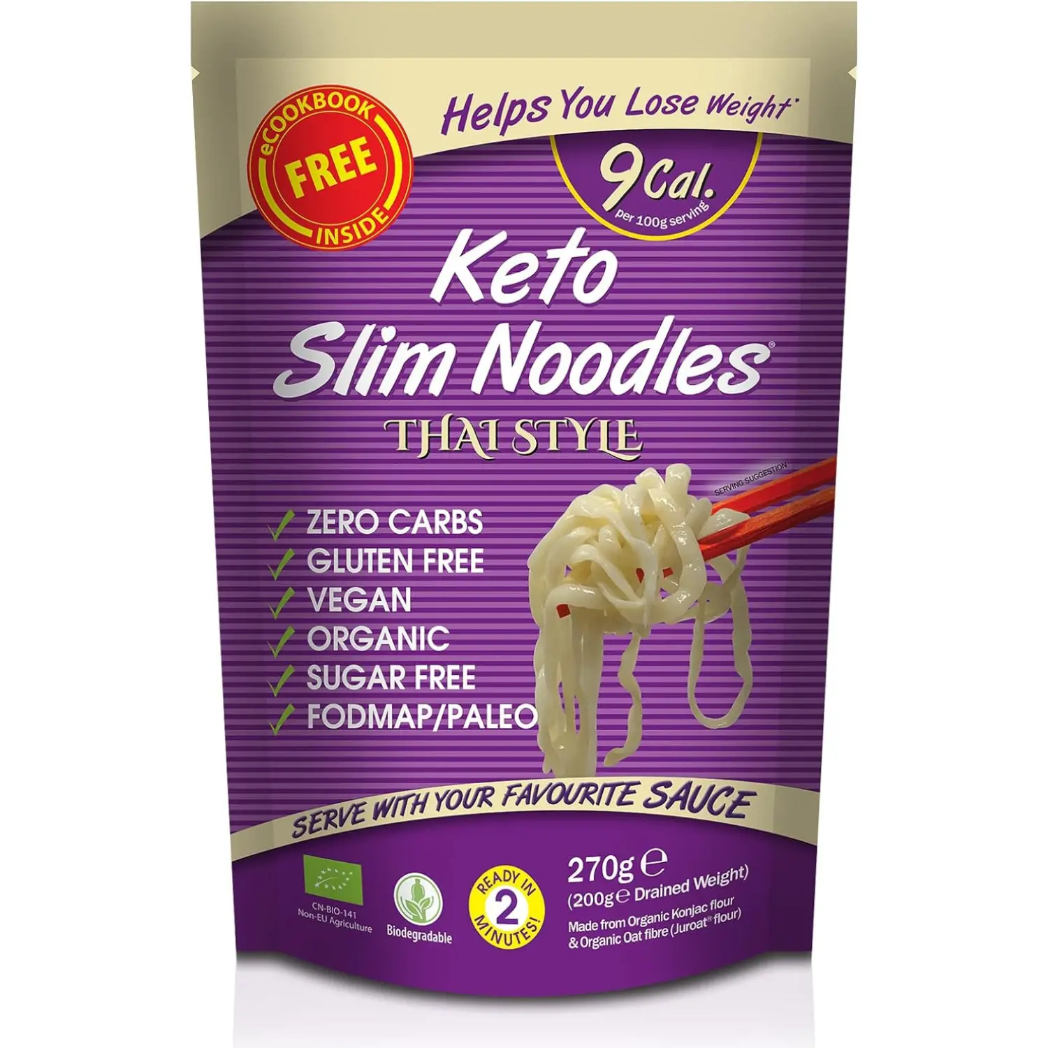 Eat Water Slim Thai Style Noodles Zero Carbohydrate 270 Grams Pack of 1 | Shirataki | Made from Konjac Flour | Keto Paleo Diet and Vegan | Zero Sugar and Low Calorie Food