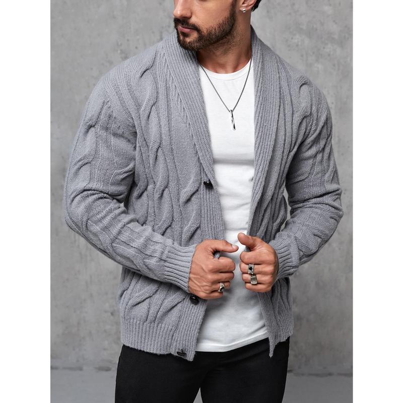 Manfinity RivetRise Men Shawl Collar Cable Knit Cardigan Chunky Plain Light Grey Urban Fashion Husband 0