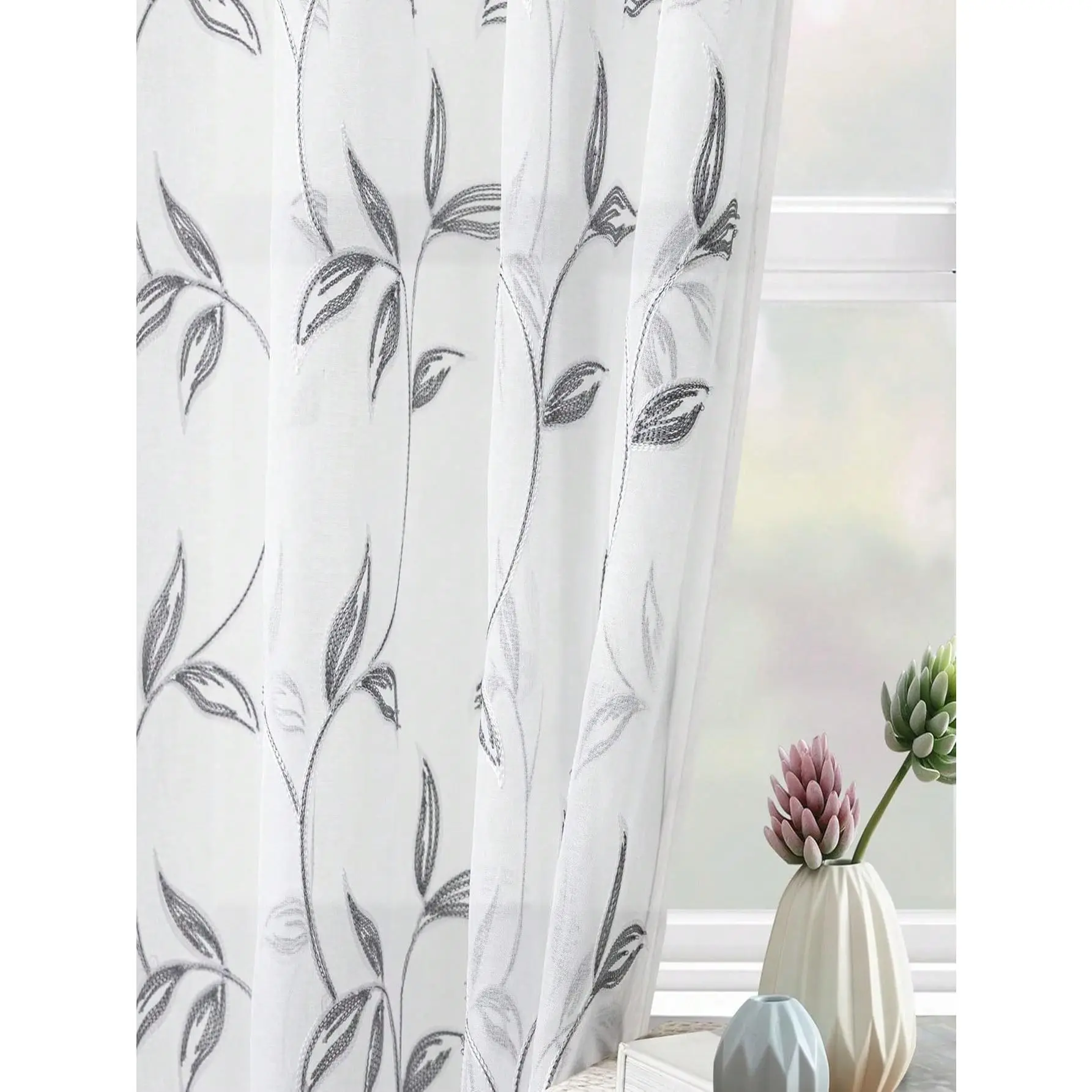 1pc White Semi-Transparent Floral Embroidered Curtain, Suitable For Bedroom, Living Room, Kitchen, Party