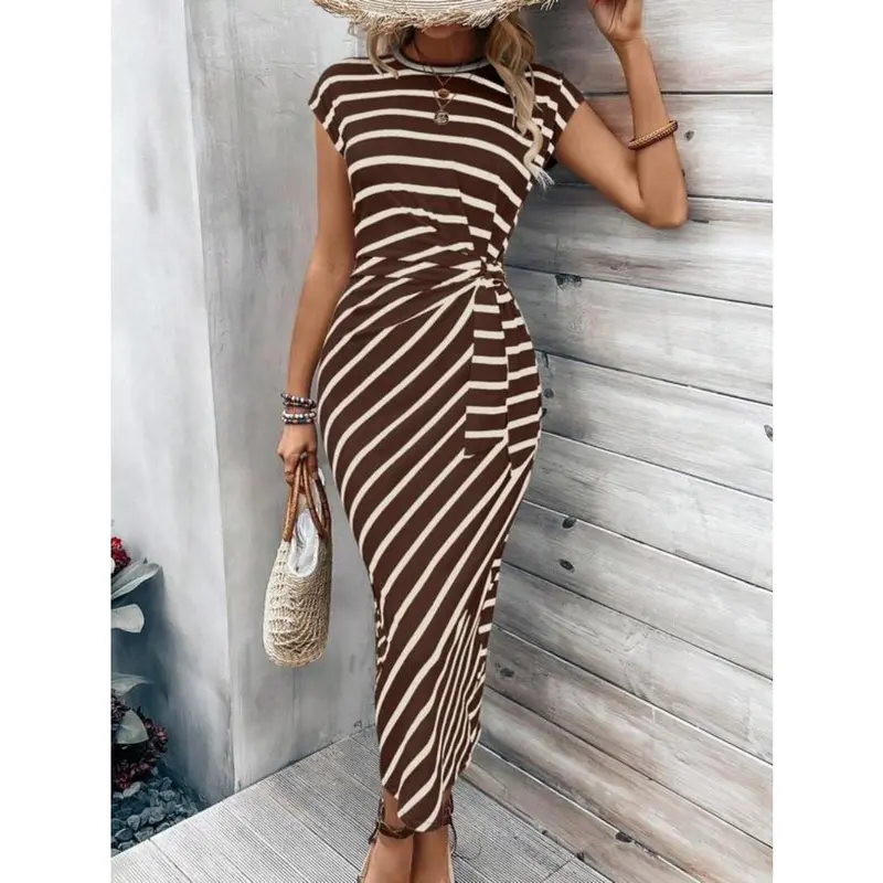 Women's Striped Print Knot Batwing Sleeve Dress, Dress in Club for Women, Summer Dresses 2024, Long Black Ladies Fancy Dress, Sundress Maxi Dress, Ladies Muscle Mommy Coming Home Outfit, Girls Birthday Gift, Party Dresses， Tall Clothing Women 2