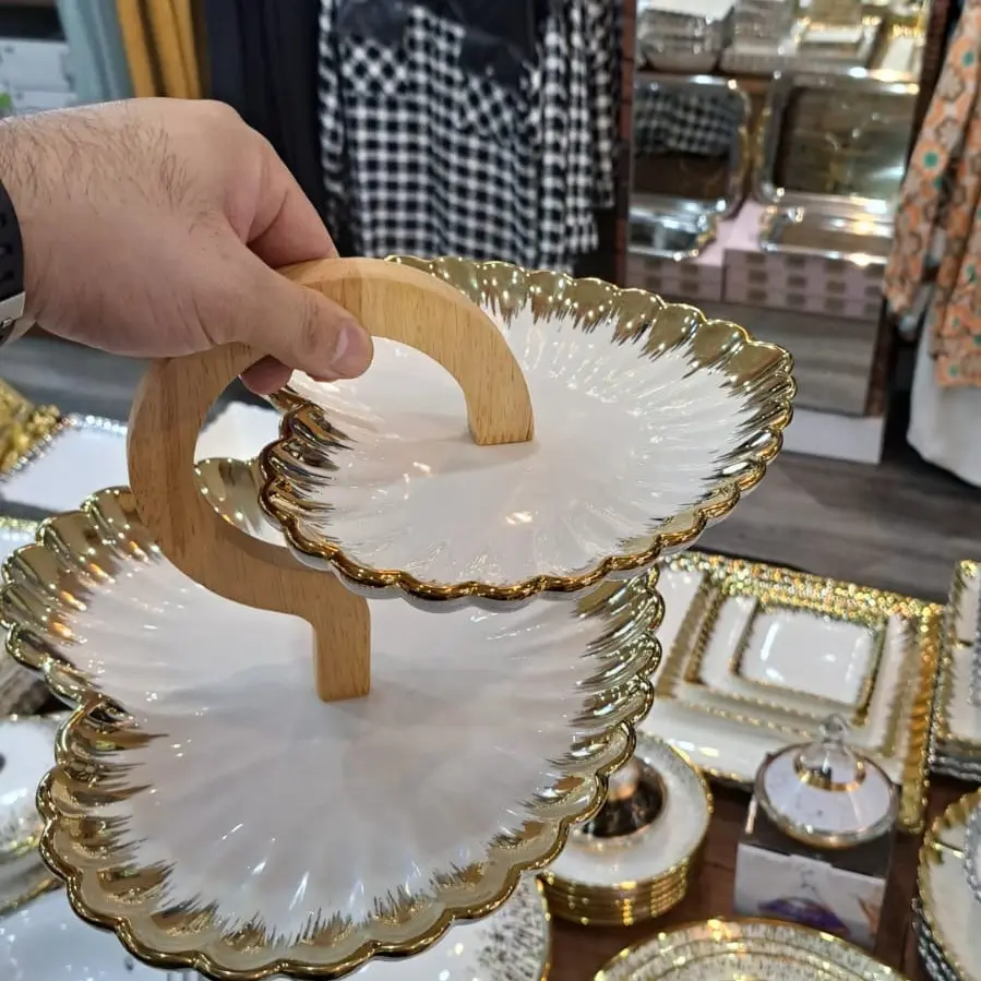 Turkish Gold silver plated Premium Quality Crockery Plates Bowls Platers Crockery Dinnerware Tableware Double Decker heart Single heart  Ceramics plates leaf plater Nuts Tray Set Collection Cutlery plate dividers