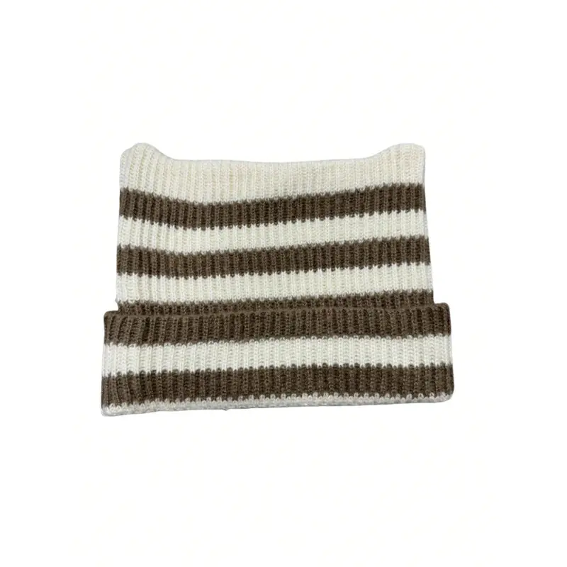 E&I     New Handmade Striped Knit Beanie with Devil and Cute Cat Ear Design for Women, a Couple - Style Casual Warm Cap Perfect for School 1