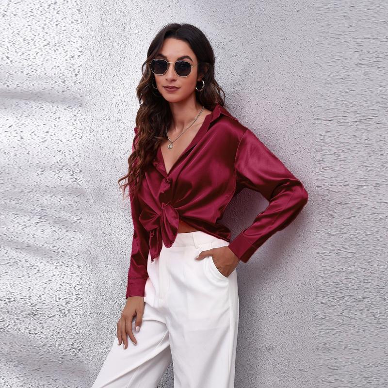 Product Introduction of Women's Satin Satin Imitation Silk Long Sleeved Shirt Elegant V-neck Retro Style Multicolor Shirt Top-Looki Ngi 7