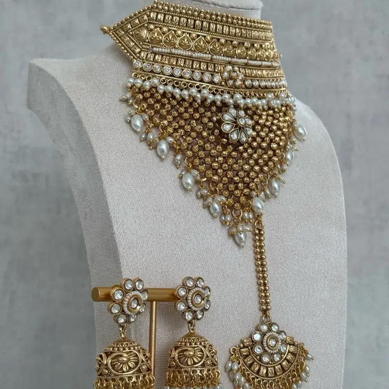 Ayura Designs Zuri Set with Tikka and Jhumkis - Antique Gold, Pearls and Kundan Work