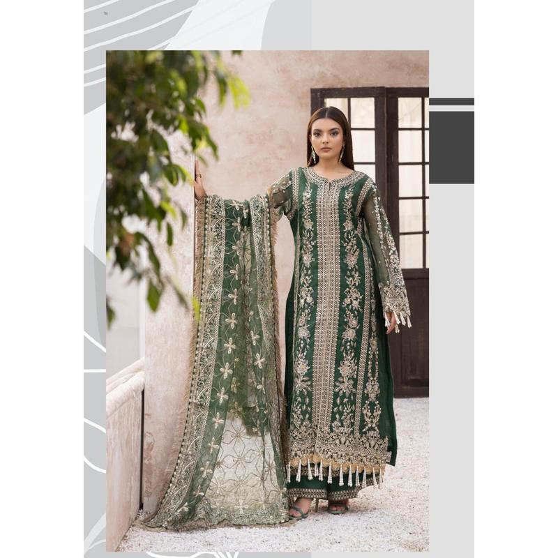 ‘Nureh Inspired’ | Embroidered Net Readymade | SM646 (Green) 0