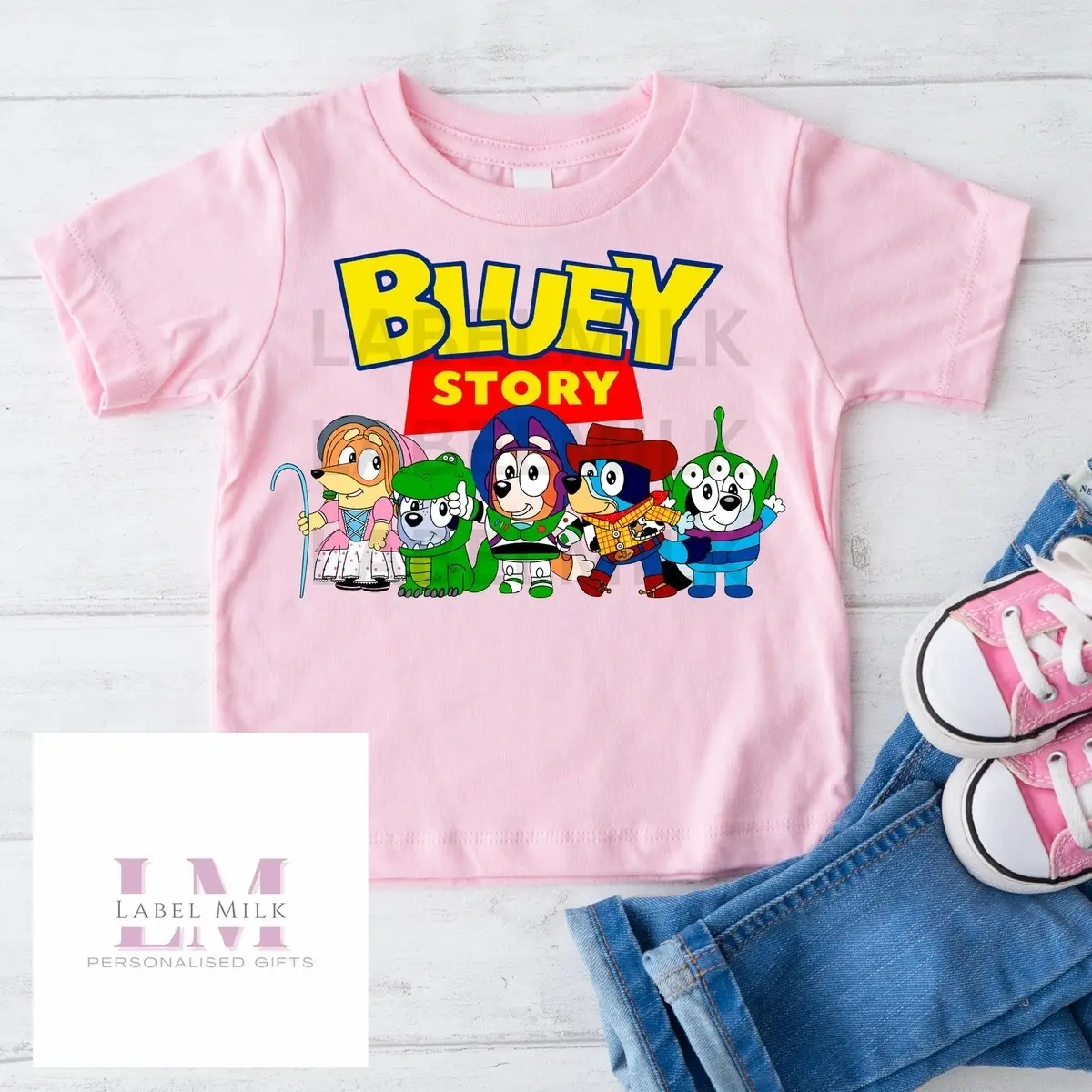 Children’s Pink Bluey Themed T-Shirt, Bluey Clothing, Kids Clothes, Kidswear, Soft Tops for kids, Bluey, Potter, Grannies, Spiderman