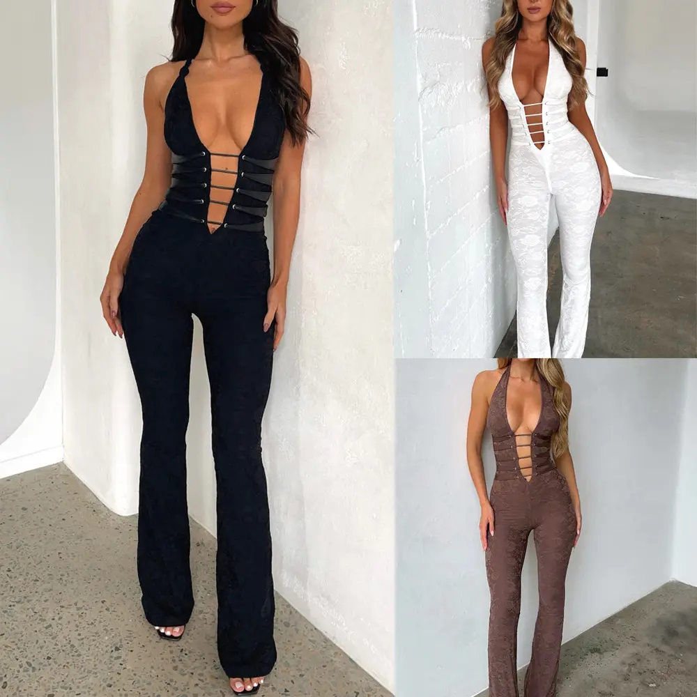 New European and American Sexy Hot Girl Lash Rope Lace up Slim Fit Jumpsuit See-through Lace Trousers Su3648 Womenswear Overalls Comfort Basic Festival Fitted Minimalist Sleeveless Party katarzyna  zowada  bodysuit backless  bodysuit  top Black