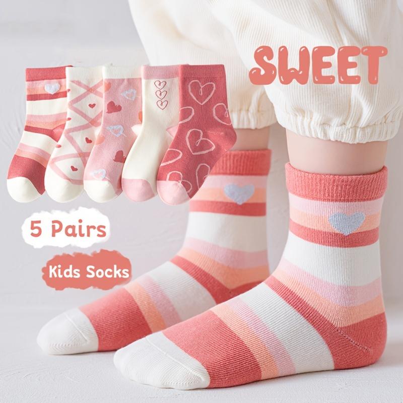 5 Pairs Girls Socks Set, Sweet Hearts And Stripes Print Crew Socks For Youth Kids 5